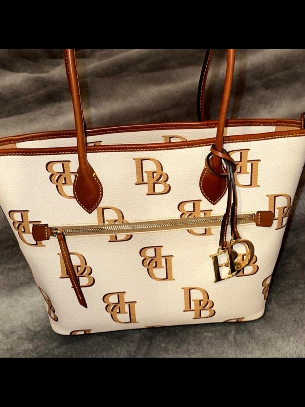 Dooney & Bourke Large White and Tan DB Logo Tote